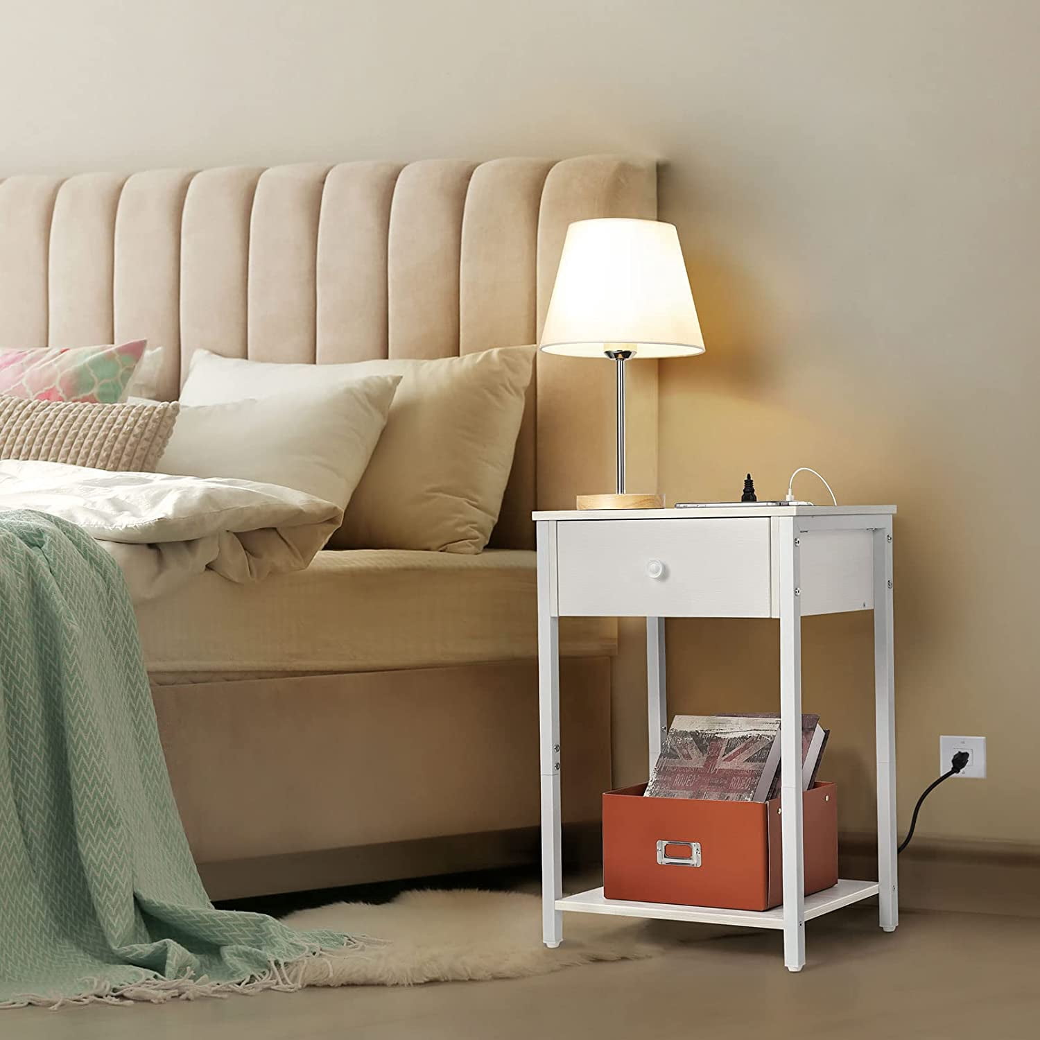 Oumilen Modern Adult Nightstand with Plug Drawer Three USB Models, White