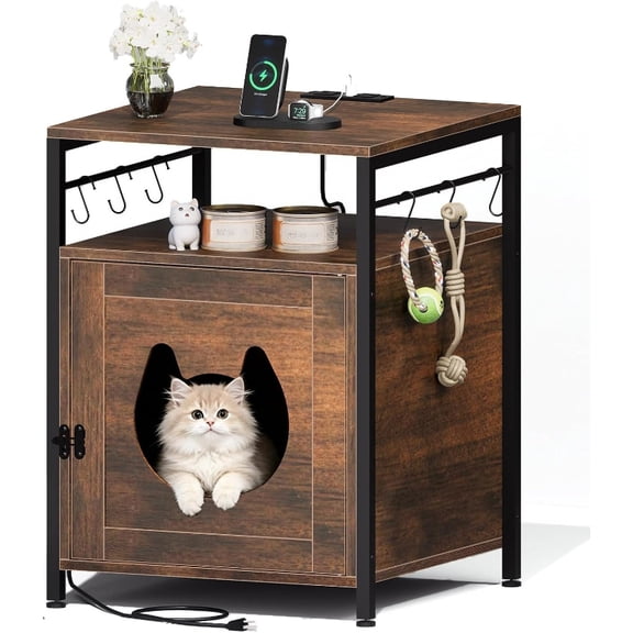 Nightstand with Power Outlet, Hidden litter box cabinet, 19.7 x 19.7 x 26.3 Inches, Side table with charging station, End table with cat hideout