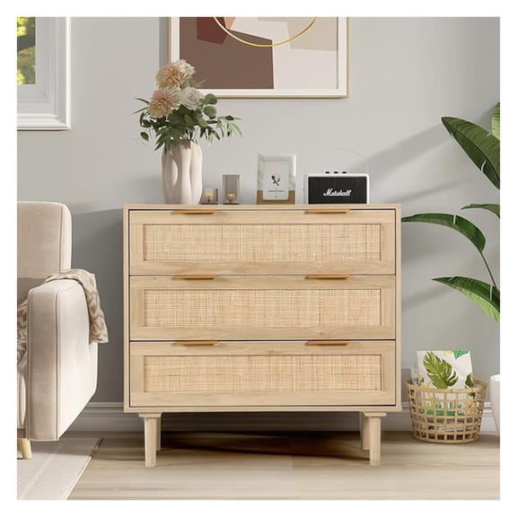 Nightstand with Rattan Drawers, Modern 3 Drawer Bedside Table, Wooden Night Stand for Bedroom - Queen & King Size, Oak Finish