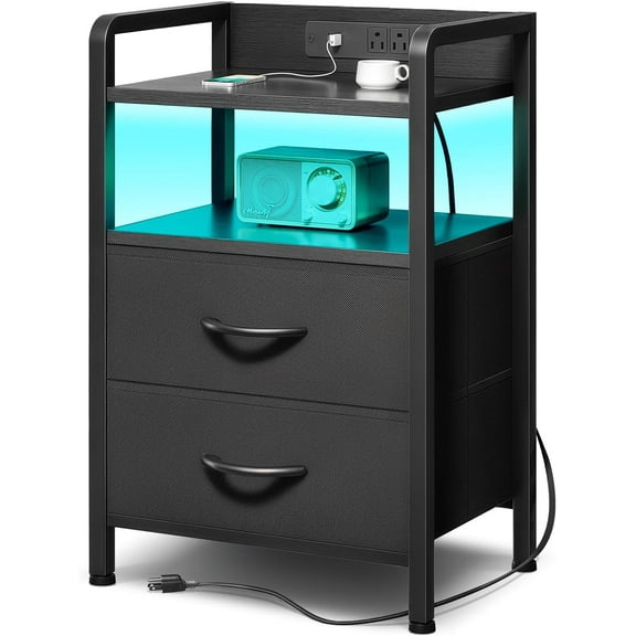 Nightstand with Rear Charging Station, LED Light, 2 Drawers, Black