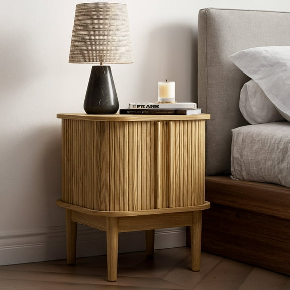 Nightstand with Sliding Doors, Modern Bedside Table with Solid Wood Legs, Wood Night Stand for Bedroom, Natural