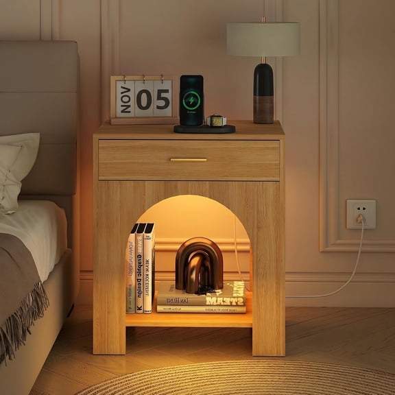 Nightstand with Station & LED Light, Bedside Table with 1 Drawer and Arched Open Shelf, Modern End Table for Bedroom,Living Room, Oak