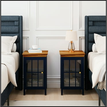 Nightstand with Storage Cabinet & Solid Wood Tabletop, Bedside Table, Sofa Side Coffee Table for Bedroom, Living Room, Dark Blue(Set of Two Pieces)