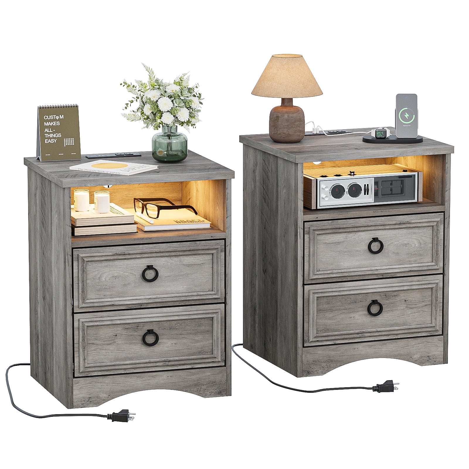 Nightstand Bedside Table with Charging Station Set of 2, 2 Drawer LED Dresser for Bedroom Furniture, Gray