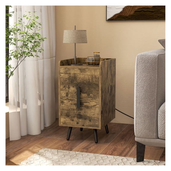 Nightstand with USB Charger, 2 Drawer Bedside Tables, Modern End Side Table with Power Outlets, Rustic Brown