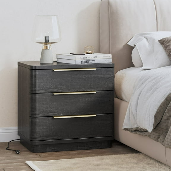 Nightstand with USB Charging Station, 3 Drawer Dresser Wood Modern Night Stand Bedside Table, Black