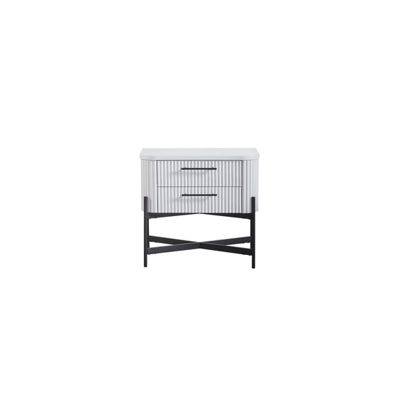 Nightstand with USB Charging - White 2 Drawer Bedside Table - Reeded Fronts, Metal Base, Felt & Cedar Lined Drawers - Modern Bedroom Furniture