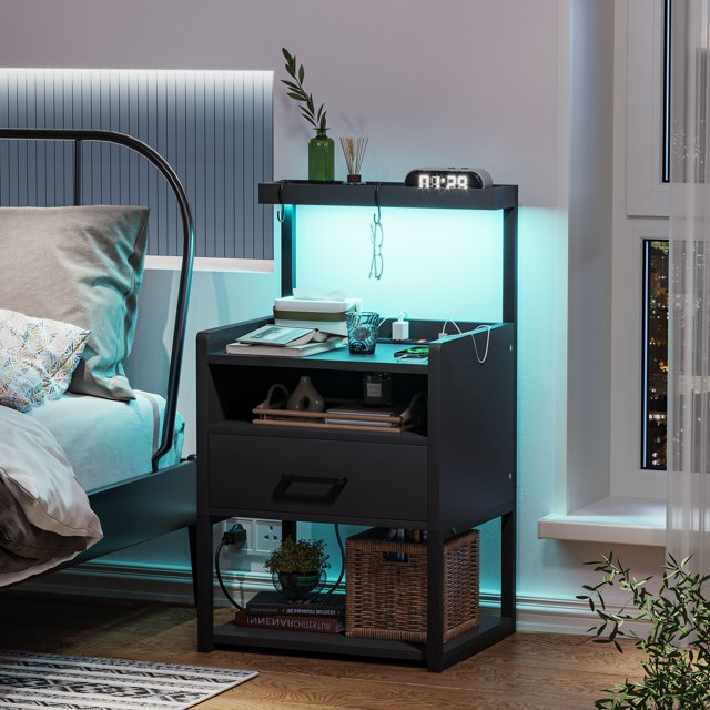 Nightstand with USB Plug Charging Station,Black Night Stand with Drawer