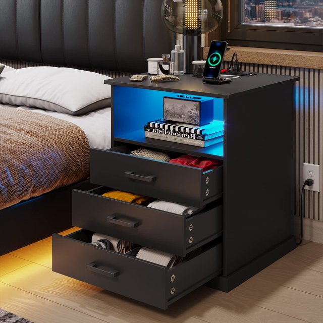 Nightstand with USB Plug Charging Station and LED Lights,Bedside Table