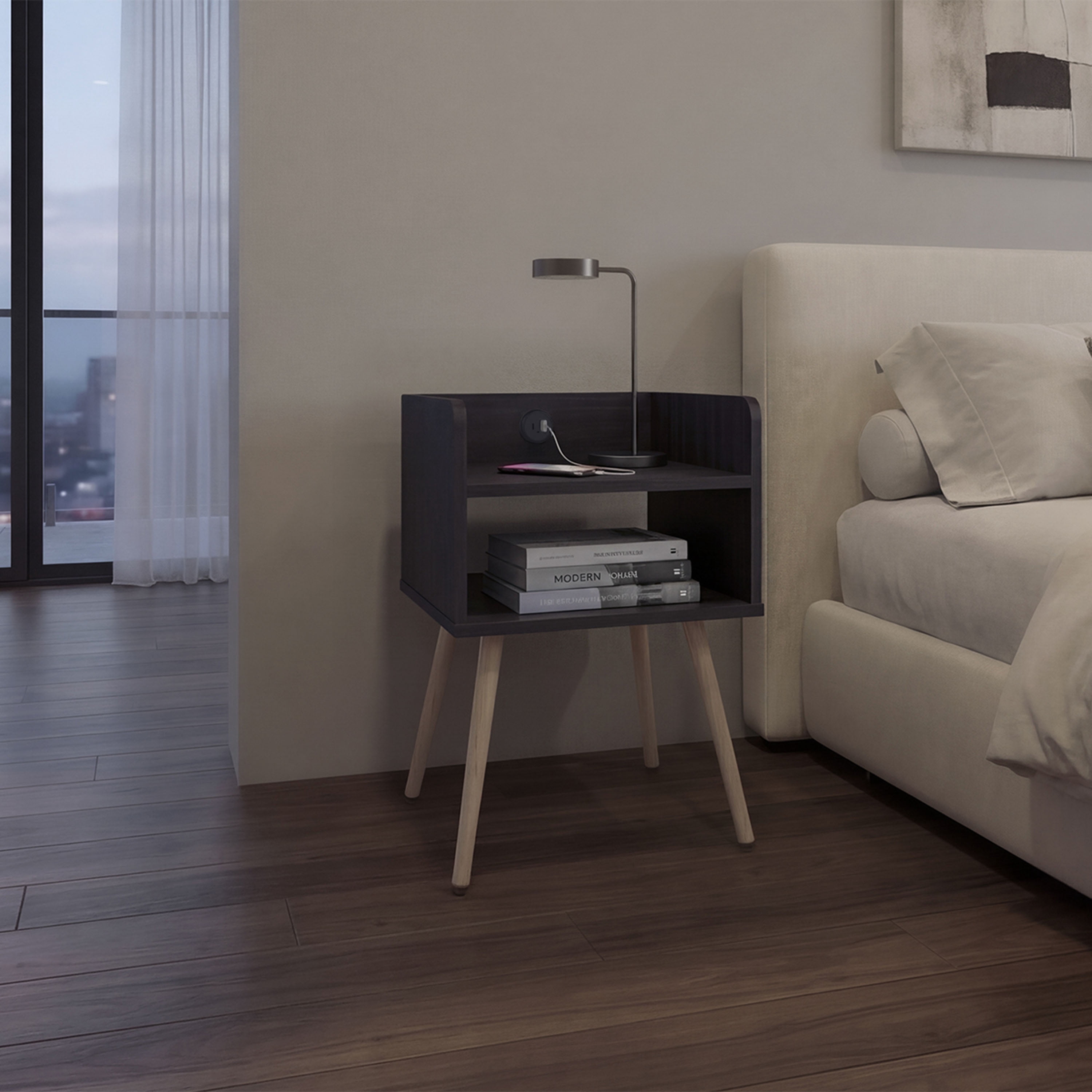 Nightstand with USB Port, 2 Shelves - Black Wengue