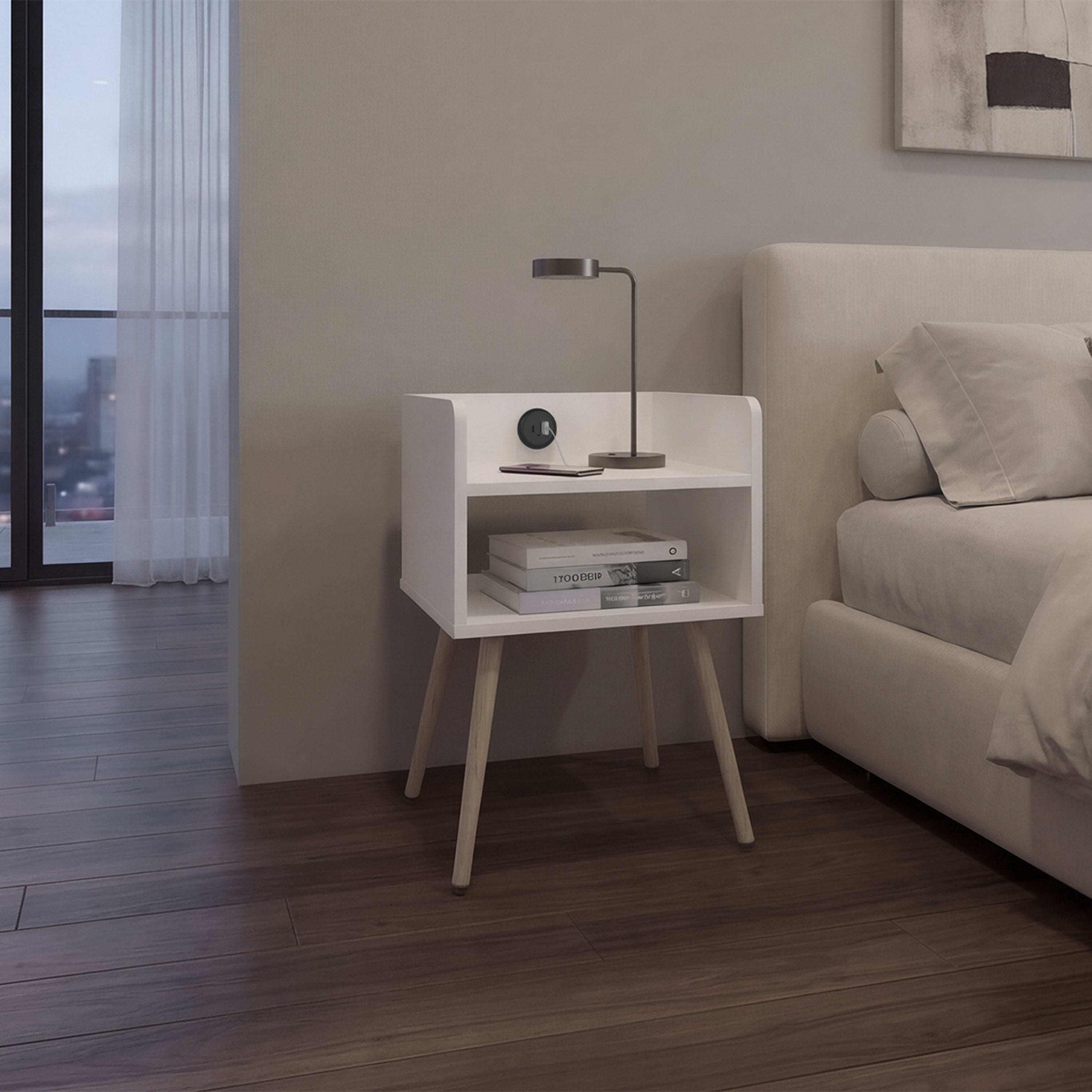Nightstand with USB Port, 2 Shelves - White