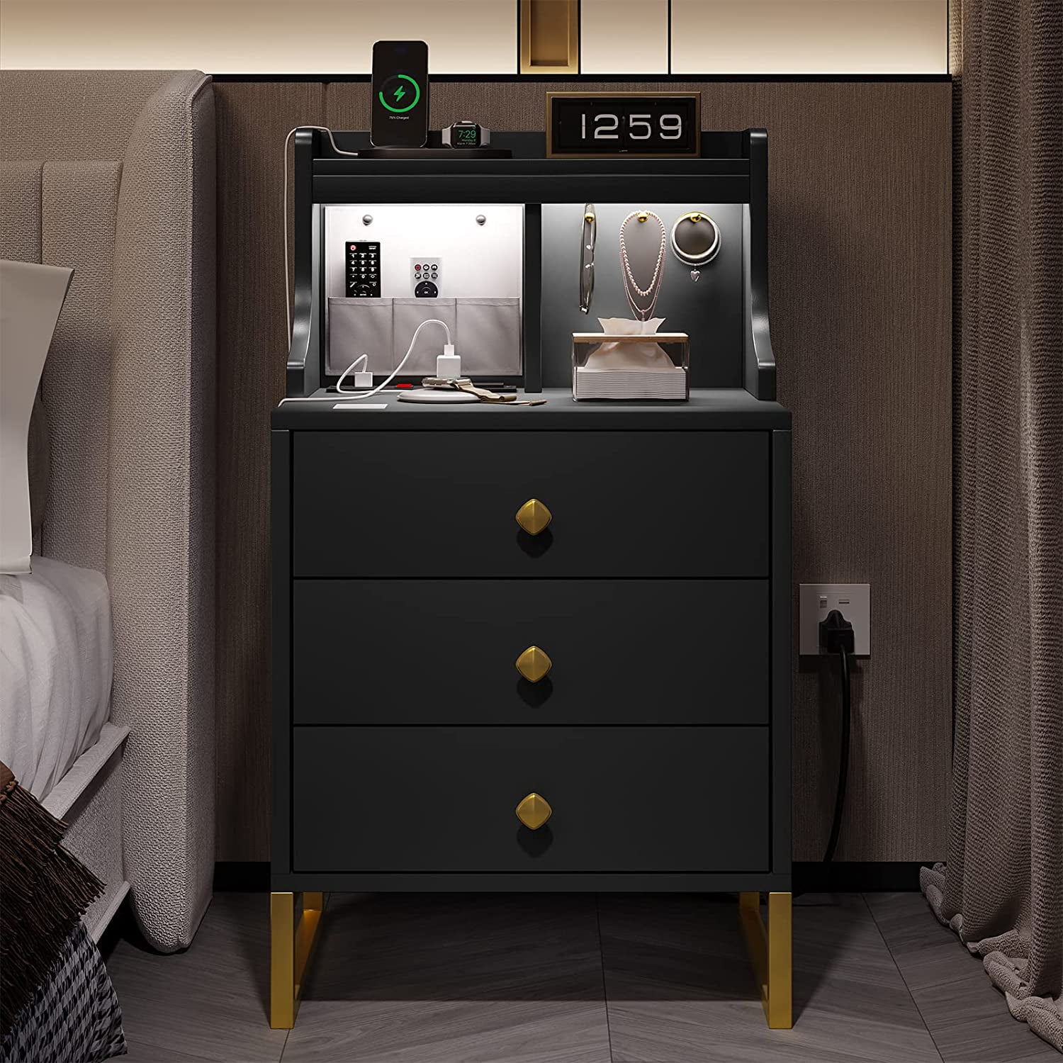 Nightstand with USB Ports Charging Station,Modern Night Stand with 3 Drawers & Shelf,Bedside