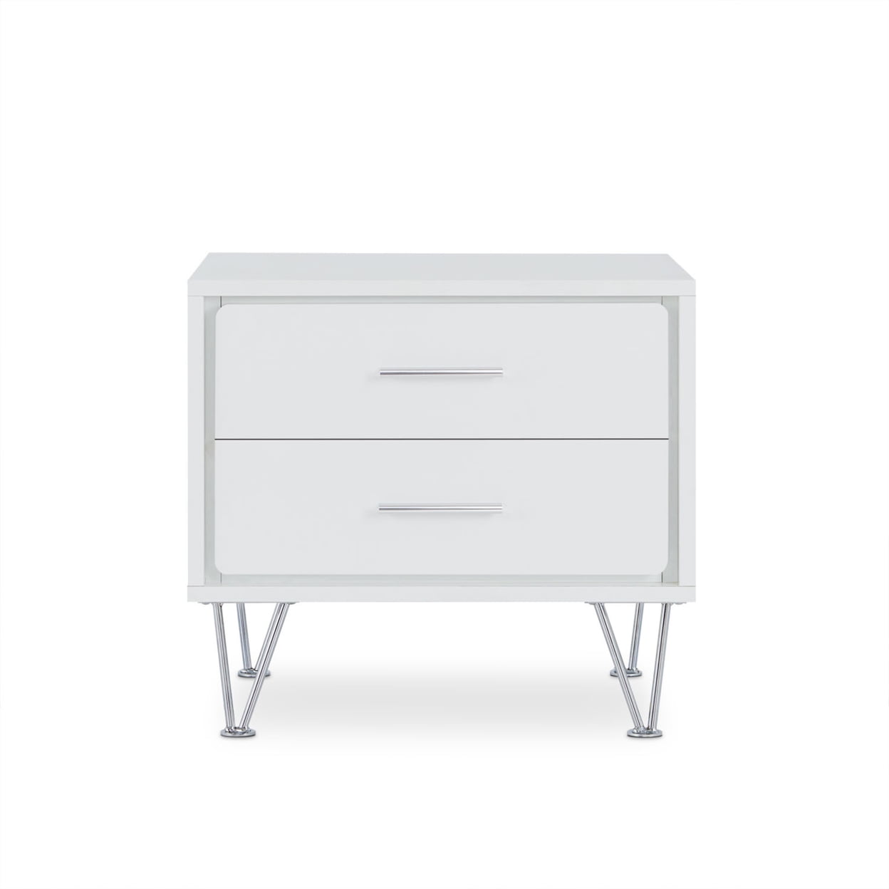 Modern White 2-Drawer Nightstand with Chrome Accents