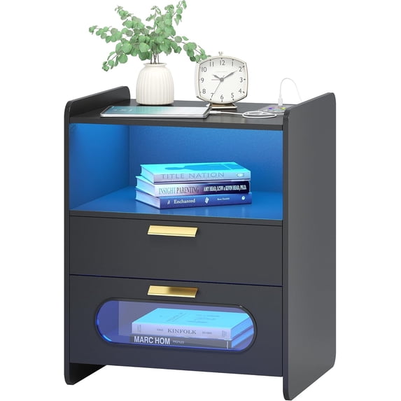 Nightstand with Wireless Charging Station, Smart Night Stand with 24 Color LED Lights, Modern Bedside Table with 2 Drawers (Black)