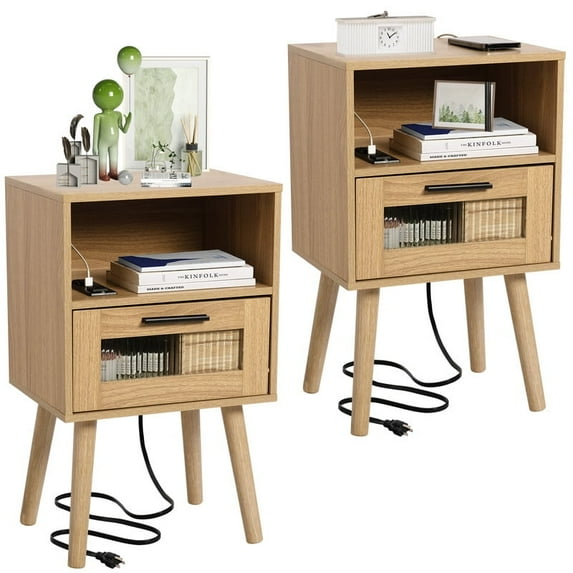 Nightstand with charging station,2 AC outlets and 2 USB ports,semi-open shelves & drawers,mid-century modern,simple & stylish,natural wood,2 pc