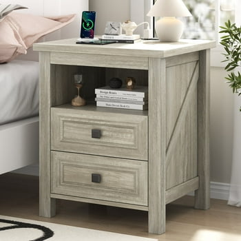 Nightstand with charging station, Rustic Bedside Table with 2 Drawers End Tables, Farmhouse Nightstand Night Stand for Bedroom Living Room, Gray