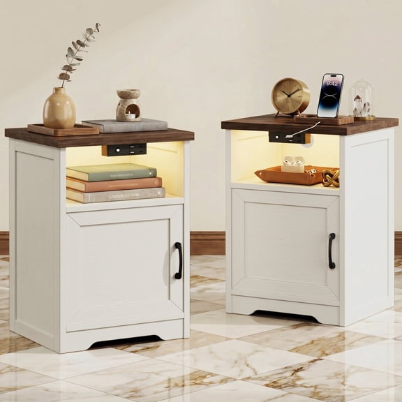 Nightstand for Bedroom, Farmhouse End Table Set of 2, Side Table with LED Light for Living Room, Bedside Table with 2 USB Ports and 1 Outlets, Set 2, Dark Walnut & White