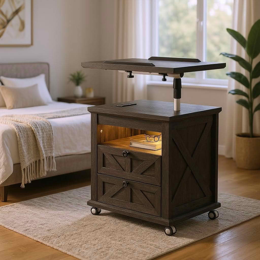 MAYEERTY Black Nightstand with Lockable Wheels, Multiple Storage Drawers USB Port for Living Room