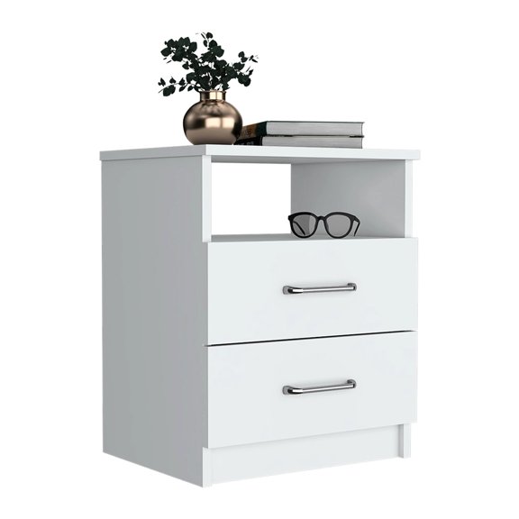 Nightstand with one open shelf / For easy bedside electronics viewing / Two drawers for efficient storage