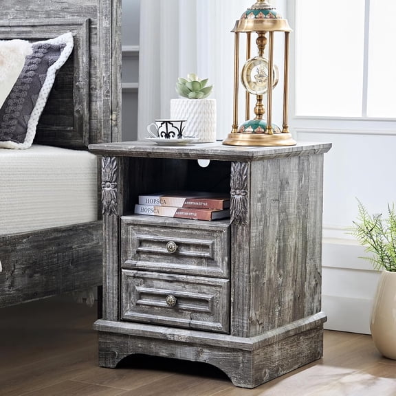 Nightstand wtih Charging Station, 20" End Table with 2 Drawers, Farmhouse Side Table Storage Cabinet with Carved Pilasters for Bedroom, Wood Rustic,Light Gray