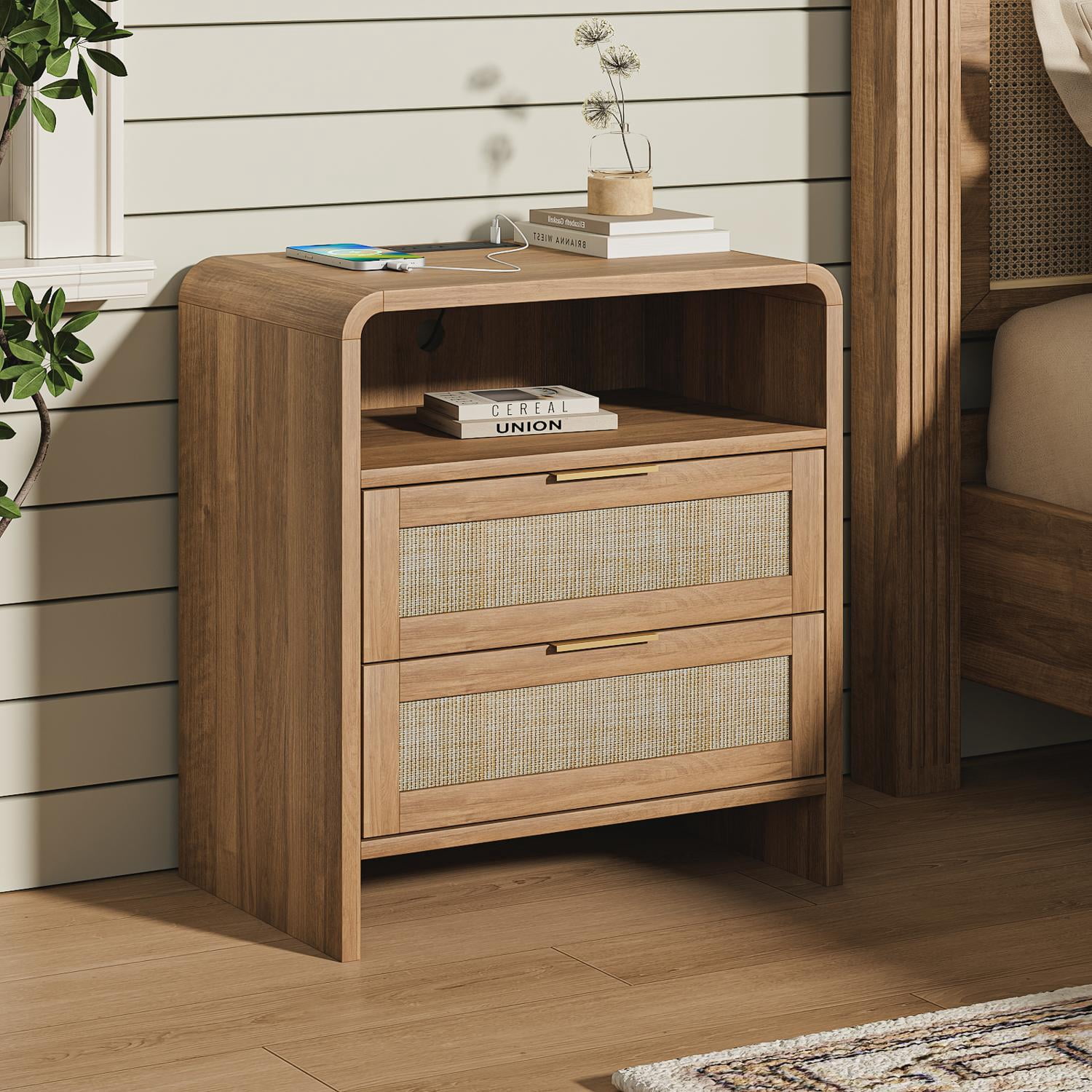 Nightstands, Bedside Tables, Rattan Nightstand with 2 Drawers, Open Shelf, Curved Wooden Design, Integrated Power Outlet for Phones Tablets, Bedside Storage for Bedroom, Caramel Oak