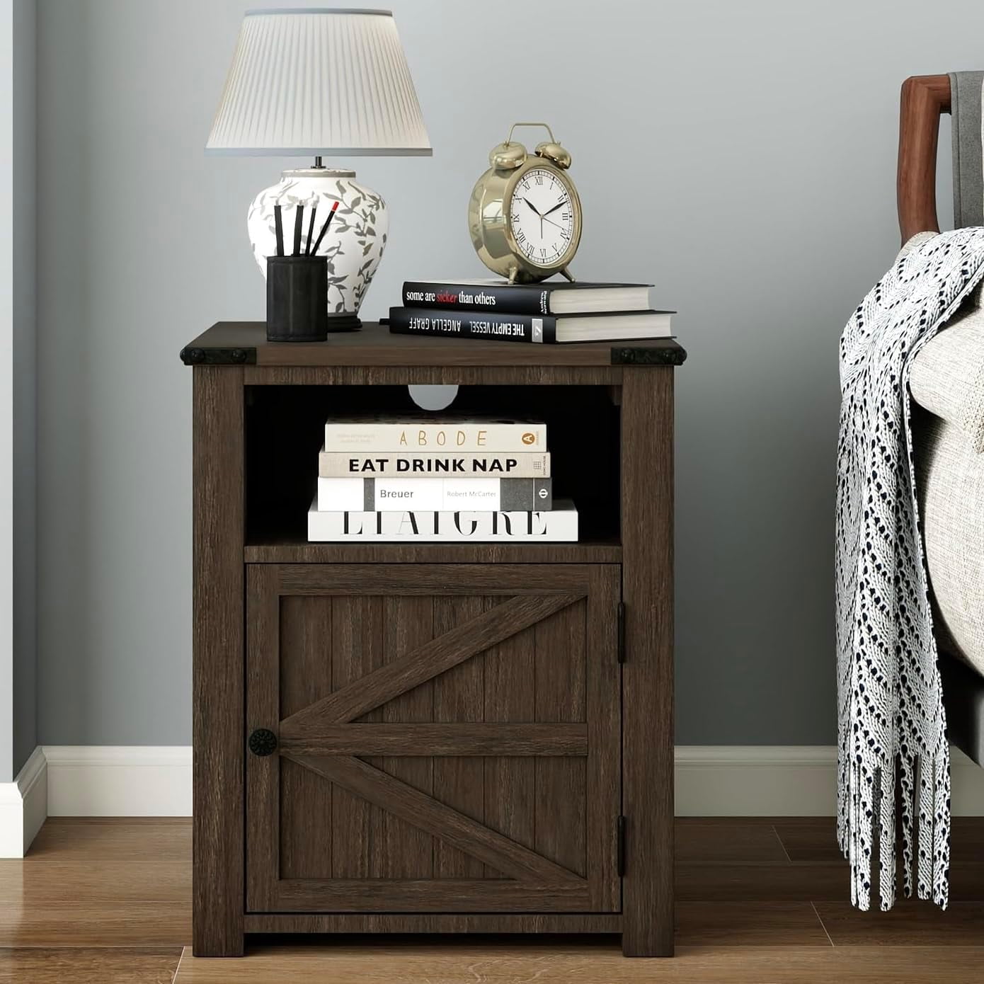 Set Of 2 Farmhouse End Tables With Charging Station - 24" Square Nightstand With Glass Barn Door