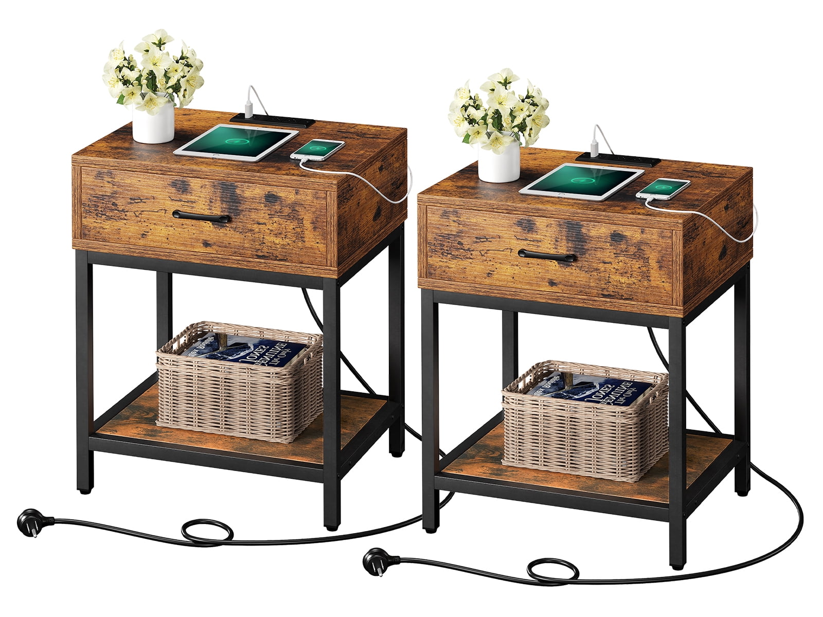 Nightstands with Charging Station End Side Table with Storage Drawer