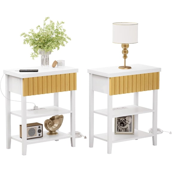 Nightstands with Charging Station,Set of 2,Bedside Tables with Fluted Panel Drawer,Open Compartment,Side/End Tables with Storage,for Bedroom,Rustic Brown