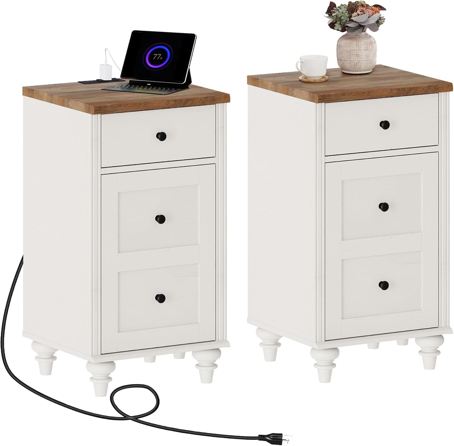 Nightstands with Charging Station, Set of 2 Wood End Table with Drawer ...