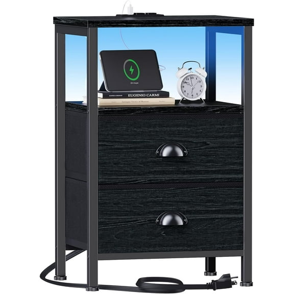 Nightstands End Tables with Charging Station and LED Lights,Night Stands with 2 Fabric Drawers, Bedside Tables for Living Room/Bedroom