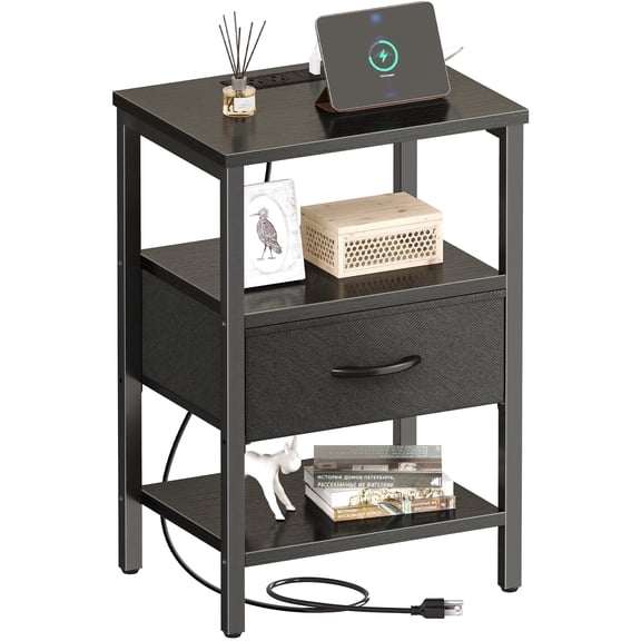 Nightstand with Charging Station, Adjustable Fabric Drawer, 3-Tier Bed Side Table, Night Stand for Bedroom, Storage End Table, Black