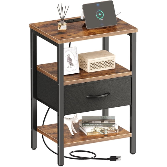 Nightstand with Charging Station, Adjustable Fabric Drawer, 3-Tier Bed Side Table, Night Stand for Bedroom, Storage End Table, Rustic Brown