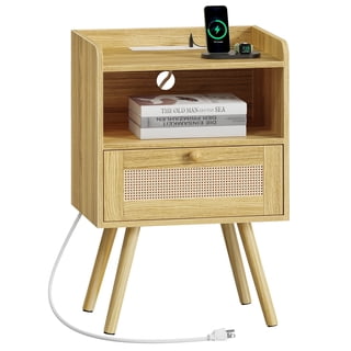 Amadwell Rattan Nightstands Set of 2, Bedside Tables with Charging Station, Storage Drawers & Solid Wood Feet for Bedroom