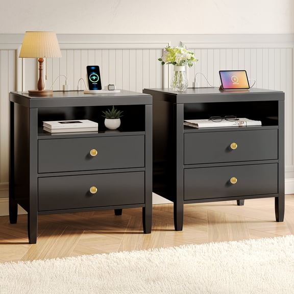 Amadwell Nightstand with Charging Station, Bedside End Table with 2 Drawers & Storage for Bedroom, Black