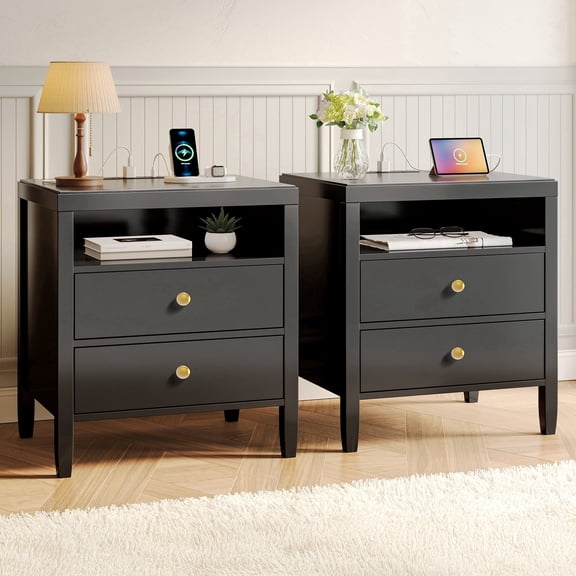 Amadwell Black Painted Nightstand Set of 2, Large Surface Night Stand with Charger Station, 2 Storage Drawers Bedside Table, Bedroom Side Table, Bed Side Table For Living Room