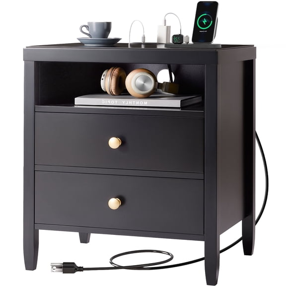 Amadwell Nightstand with Charging Station, Bedside End Table with 2 Drawers & Storage for Bedroom, Black