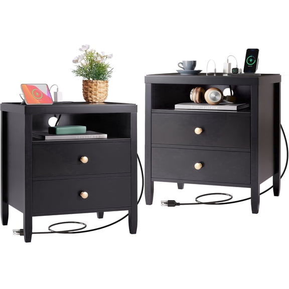 Amadwell Nightstand with Charging Station, Bedside End Table with 2 Drawers & Storage for Bedroom, Black