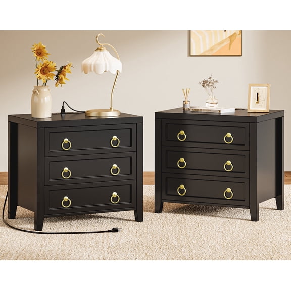 Amadwell Nightstands Set of 2 with Charging Station, 3 Drawer Bedside Table with USB-C Ports, Storage Nightstand for Bedroom
