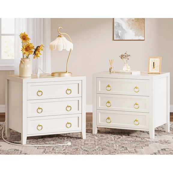 Amadwell Nightstands Set of 2 with Charging Station, 3 Drawer Bedside Table with USB-C Ports, Storage Nightstand for Bedroom