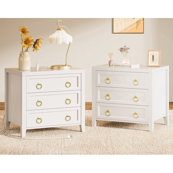 Amadwell Nightstands Set of 2 with Charging Station, 3 Drawer Bedside Table with USB-C Ports, Storage Nightstand for Bedroom