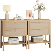 Nightstands Rattan Night Stand Set of 2, Rattan Night Stand Bedside Table Boho Night Stand with 2 Rattan Drawers, Large Bedside Table Side Table with Open Storage Shelf, Farmhouse Nightstand