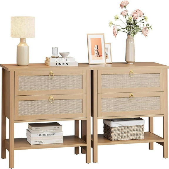 Nightstands Rattan Night Stand Set of 2, Rattan Night Stand Bedside Table Boho Night Stand with 2 Rattan Drawers, Large Bedside Table Side Table with Open Storage Shelf, Farmhouse Nightstand