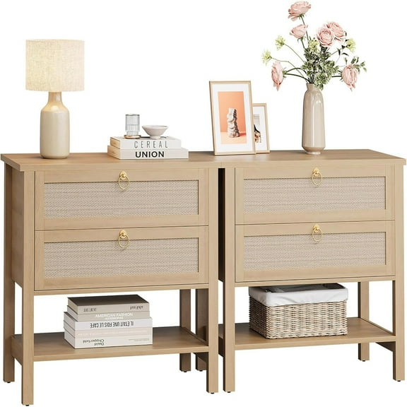 Nightstands Rattan Night Stand Set of 2, Rattan Night Stand Bedside Table Boho Night Stand with 2 Rattan Drawers, Large Bedside Table Side Table with Open Storage Shelf, Farmhouse Nightstand