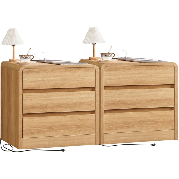 Nightstands(Set Of 2), 3-Drawer Arched End Table With Charging Station Nightstands(Set Of 2), 3-Drawer Arched End Table With Charging Station, Natural