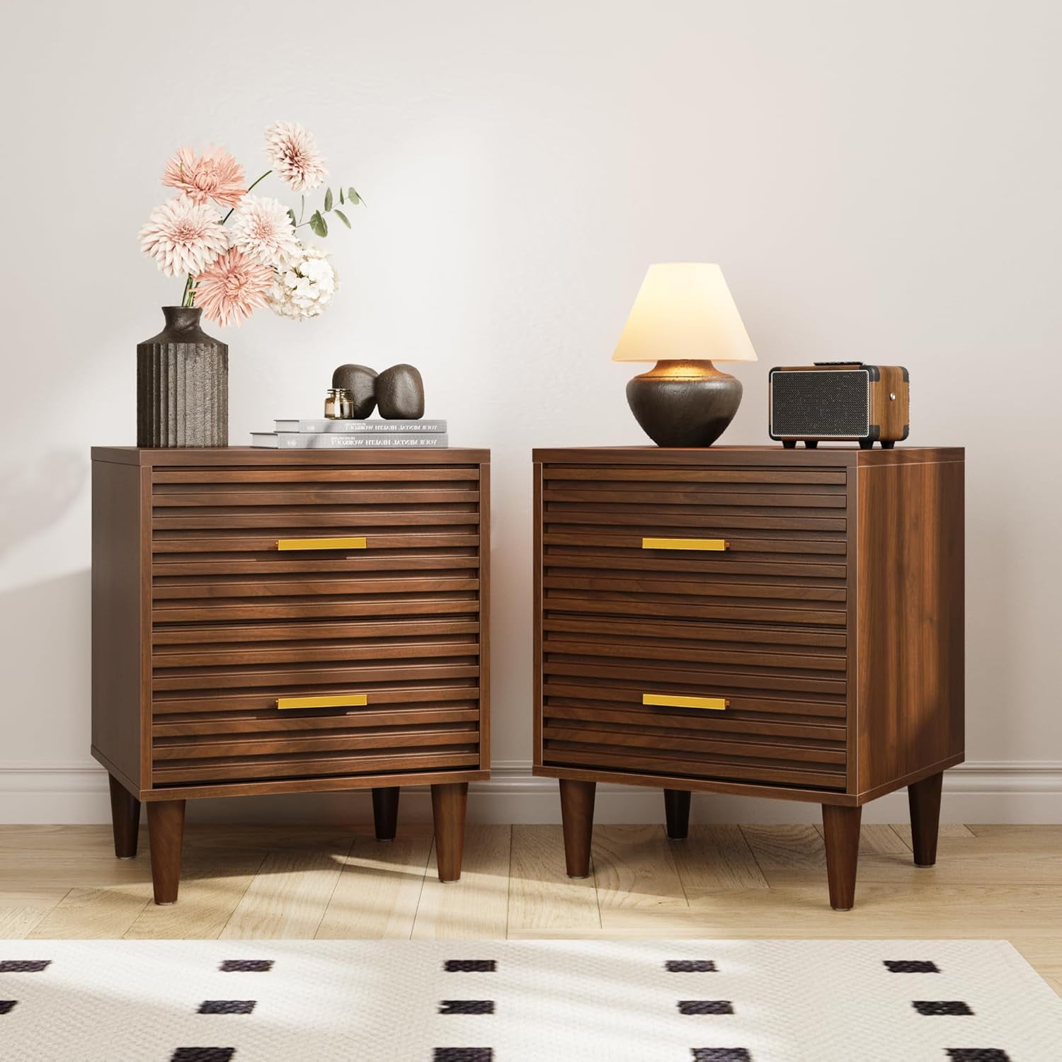 Brown Mid Century Modern 2-Drawer Wooden Nightstand Set