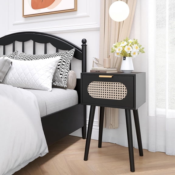 Nightstands Set of 2, Bedside Table with Rattan Door, Boho End Table with Solid Wood Legs for Bedroom, Living Room, Small Space Nightstands, Black Color, HNS001B