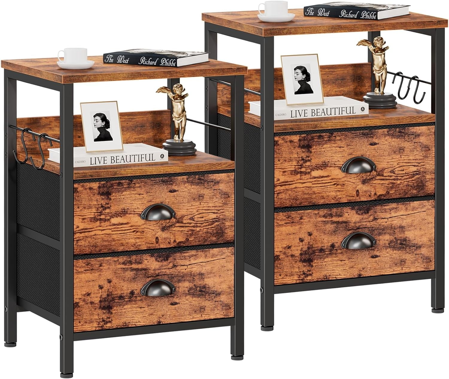 Nightstands Set 2, Bedside Table with 2 Fabric Drawers, End Table with ...