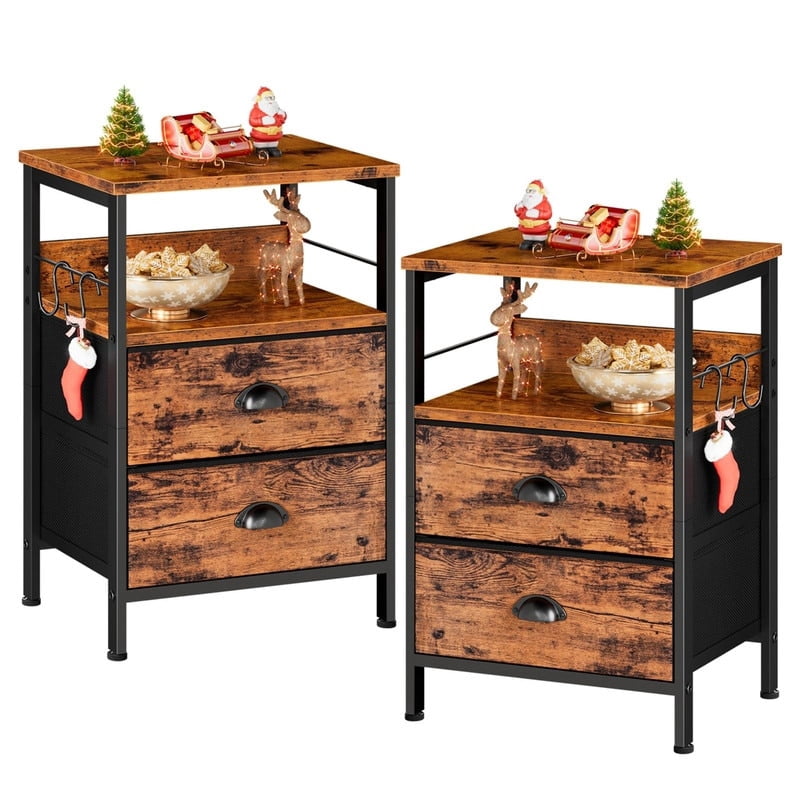 Nightstands Set 2, Bedside Table with 2 Fabric Drawers Rustic Brown ...