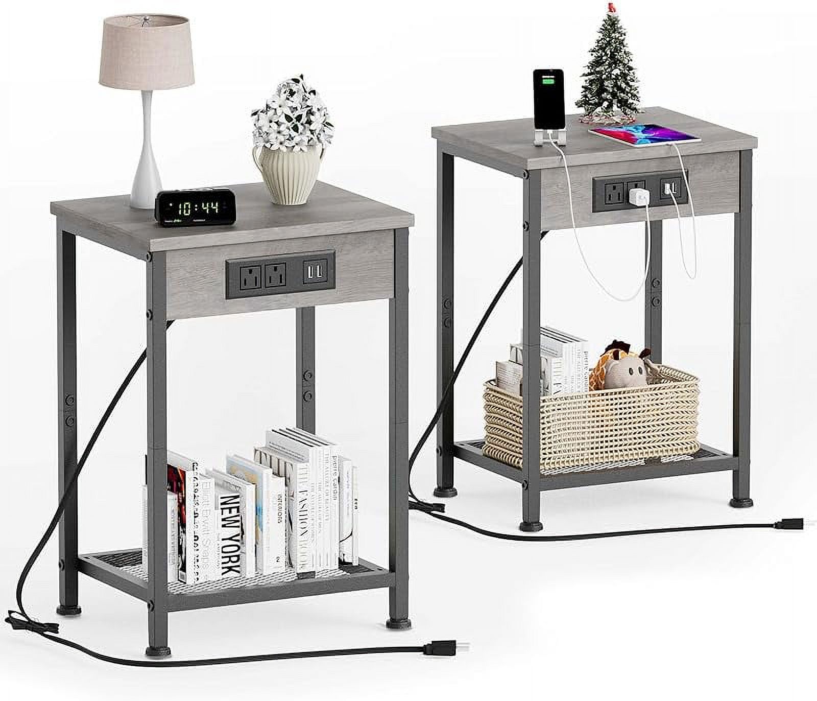Nightstands Set of 2 with Charging Station, End Tables with USB Ports and Power Outlets, Narrow