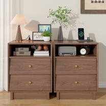 Nightstands Set of 2 With Charging Station, Mid Century Modern 19'' Bedside Table, Wooden End Tables With 2 Storage Drawers For Bedroom, Walnut Brown